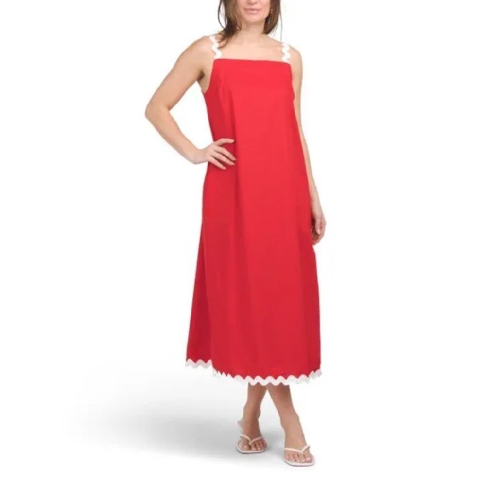 BELLAMBRA Red/white Made In Italy Ribbon Trim Midi Cotton Dress